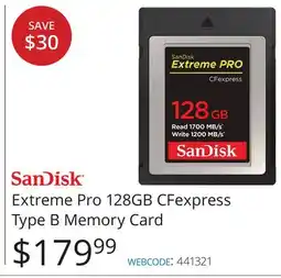 Vistek Sandisk Extreme Pro 128GB CFexpress Type B Memory Card offer