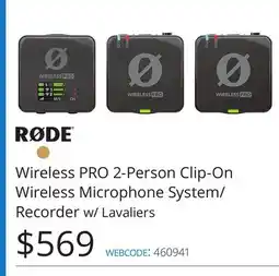 Vistek RODE Wireless PRO 2-Person Clip-On Wireless Microphone System/ Recorder w/ Lavaliers offer