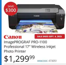 Vistek ImagePROGRAF PRO-1100 Professional 17 Wireless Inkjet Photo Printer offer