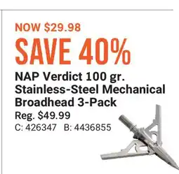 Cabela's NAP Verdict 100 gr. Stainless-Steel Mechanical Broadhead 3-Pack offer