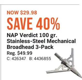 Cabela's NAP Verdict 100 gr. Stainless-Steel Mechanical Broadhead 3-Pack offer