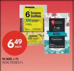 Shoppers Drug Mart NO NAME or PC FACIAL TISSUES 6's offer