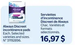 Walmart Always Discreet incontinence pads offer