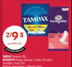 Pharmaprix TAMPAX Tampons (20), INCOGNITO Liners (34) or Pads (24) offer