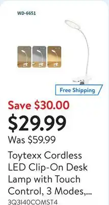 Walmart Toytexx Cordless LED Clip-On Desk Lamp with Touch Control, 3 Modes, Rechargeable offer