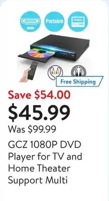 Walmart GCZ 1080P DVD Player for TV and Home Theater Support Multi Format offer