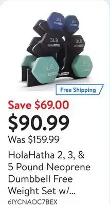 Walmart HolaHatha 2, 3, & 5 Pound Neoprene Dumbbell Free Weight Set w/ Rack, Pastel offer