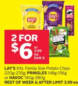 Rexall LAY'S XXL Family Size Potato Chips 220g-235g, PRINGLES 148g-156g or HAVOC 190g-280g offer