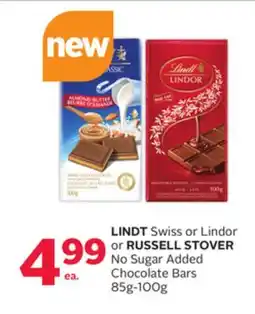 Rexall LINDT Swiss or Lindor or RUSSELL STOVER No Sugar Added Chocolate Bars 85g-100g offer