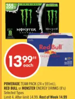 Shoppers Drug Mart POWERADE TEAM PACK (24 x 591mL), RED BULL or MONSTER ENERGY DRINKS (8's) offer