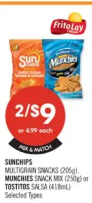 Shoppers Drug Mart FRITO LAY SUNCHIPS MULTIGRAIN SNACKS (205g), MUNCHIES SNACK MIX (250g) or TOSTITOS SALSA (418mL) offer