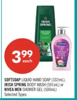 Shoppers Drug Mart SOFTSOAP LIQUID HAND SOAP (332mL), IRISH SPRING BODY WASH (591mL) or NIVEA MEN SHOWER GEL (500mL) offer