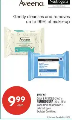 Shoppers Drug Mart AVEENO CALM & RESTORE (25's) or NEUTROGENA (20's-25's) MAKE-UP REMOVING WIPES offer