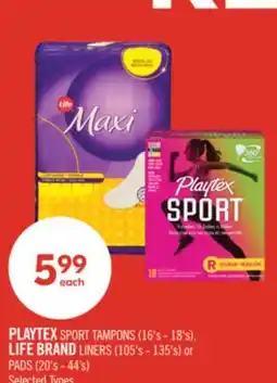 Shoppers Drug Mart PLAYTEX SPORT TAMPONS (16's - 18's) LIFE BRAND LINERS (105's - 135's) or PADS (20's - 44's) offer