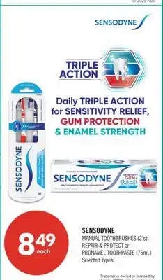 Shoppers Drug Mart SENSODYNE MANUAL TOOTHBRUSHES (2's), REPAIR & PROTECT or PRONAMEL TOOTHPASTE (75ml) offer