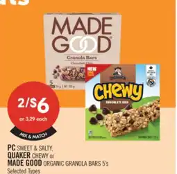 Shoppers Drug Mart PC SWEET & SALTY QUAKER CHEWY or MADE GOOD ORGANIC GRANOLA BARS offer