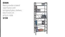 JYSK EVAN Black powder-coated steel frame with tempered glass shelves offer