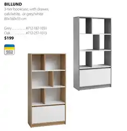 JYSK BILLUND 3-tier bookcase, with drawer, oak/white, or grey/white offer