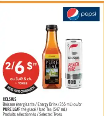 Pharmaprix CELSIUS Energy Drink (355 mL) or PURE LEAF Iced Tea (547 mL) offer