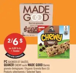 Pharmaprix PC SUCRÉES ET SALÉES, QUAKER CHEWY or MADE GOOD, Organic Granola Bars (5) offer