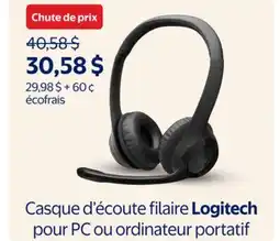 Walmart Casque d'écoute filaire Logitech pour PC ou ordinateur portatif offer