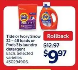 Walmart Tide or Ivory Snow Laundry Detergent offer