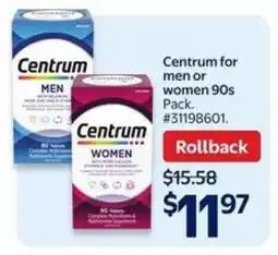 Walmart Centrum for men or women 90s Pack offer