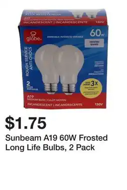 Dollarama Sunbeam A19 60W Frosted Long Life Bulbs, 2 Pack offer