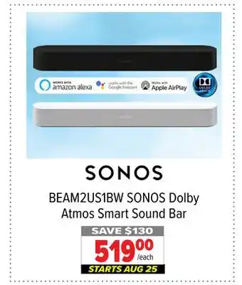 2001 Audio Video BEAM2US1BW SONOS Dolby Atmos Smart Sound Bar offer