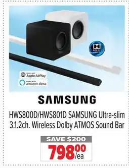 2001 Audio Video HWS800D/HWS801D SAMSUNG Ultra-slim 3.1. 2ch. Wireless Dolby ATMOS Sound Bar offer