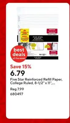 Staples Five Star Reinforced Refill Paper, College Ruled, 8-1/2 x 11, White, 100 Sheets offer