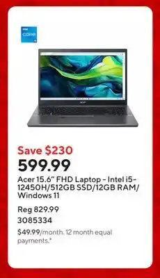 Staples Acer 15.6 FHD Laptop - Intel i5-12450H/512GB SSD/12GB RAM/Windows 11 offer