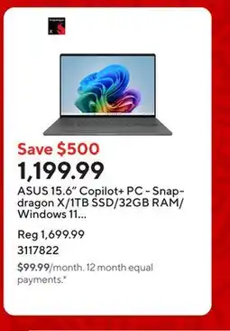 Staples ASUS 15.6 Copilot+ PC - Snapdragon X/1TB SSD/32GB RAM/Windows 11 Home offer
