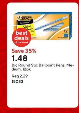 Staples Bic Round Stic Ballpoint Pens, Medium, 12pk offer