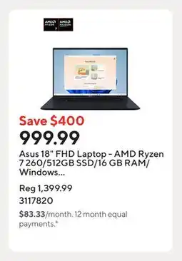 Staples Asus 18 FHD Laptop - AMD Ryzen 7 260/512GB SSD/16 GB RAM/Windows 11 Home offer