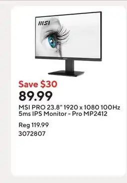 Staples MSI PRO 23.8 1920 x 1080 100Hz 5ms IPS Monitor - Pro MP2412 offer