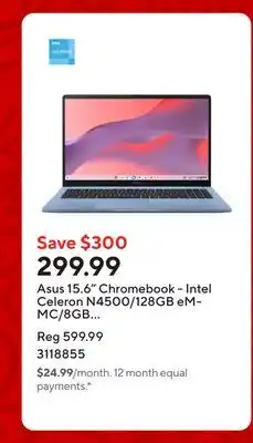 Staples Asus 15.6 Chromebook - Intel Celeron N4500/128GB eMMC/8GB RAM/Chrome OS offer