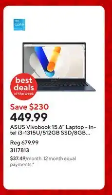 Staples ASUS Vivobook 15.6 Laptop - Intel i3-1315U/512GB SSD/8GB RAM/Windows 11 Home offer