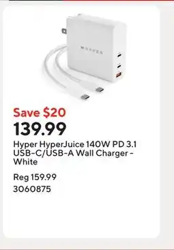 Staples Hyper HyperJuice 140W PD 3.1 USB-C/USB-A Wall Charger - White offer