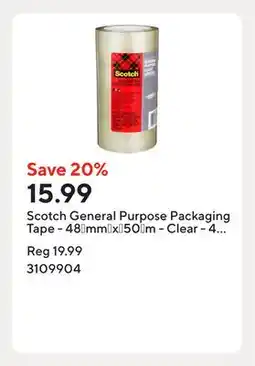 Staples Scotch General Purpose Packaging Tape - 48†mm†x†50†m - Clear - 4 Rolls/Pack offer