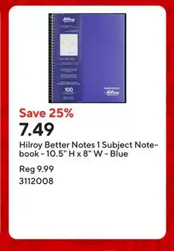 Staples Hilroy Better Notes 1 Subject Notebook - 10.5 H x 8 W - Blue offer