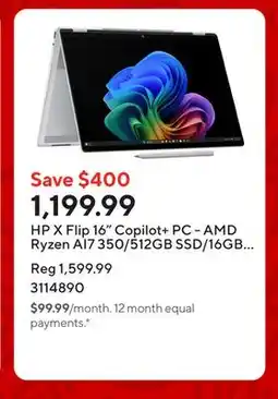 Staples HP X Flip 16 Copilot+ PC - AMD Ryzen AI7 350/512GB SSD/16GB RAM/Touchscreen/Windows 11 Home offer