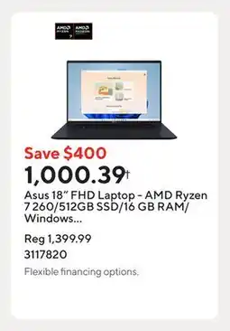 Staples Asus 18 FHD Laptop - AMD Ryzen 7 260/512GB SSD/16 GB RAM/Windows 11 Home offer