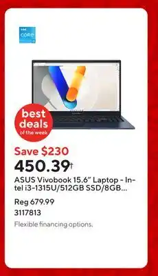 Staples ASUS Vivobook 15.6 Laptop - Intel i3-1315U/512GB SSD/8GB RAM/Windows 11 Home offer