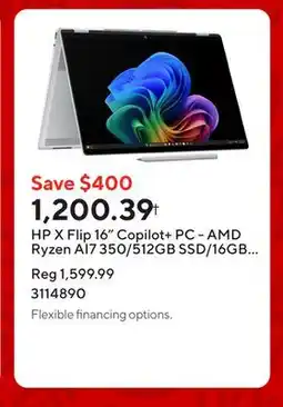 Staples HP X Flip 16 Copilot+ PC - AMD Ryzen AI7 350/512GB SSD/16GB RAM/Touchscreen/Windows 11 Home offer