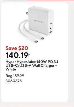 Staples Hyper HyperJuice 140W PD 3.1 USB-C/USB-A Wall Charger - White offer