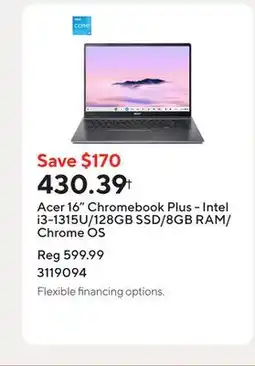 Staples Acer 16 Chromebook Plus - Intel i3-1315U/128GB SSD/8GB RAM/Chrome OS offer