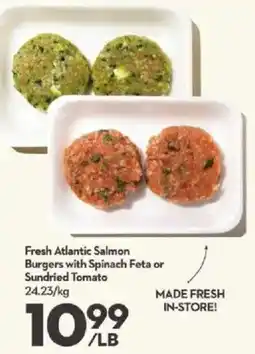 Longo's Fresh Atlantic Salmon Burgers with Spinach Feta or Sundried Tomato offer