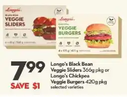 Longo's Longo's Black Bean Veggie Sliders 366g pkg or Longo's Chickpea Veggie Burgers offer