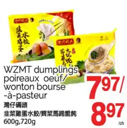 T&T Supermarket WZMT DUMPLINGS POIREAUX OEUF/ WONTON BOURSE -À-PASTEUR, 600g 720g offer